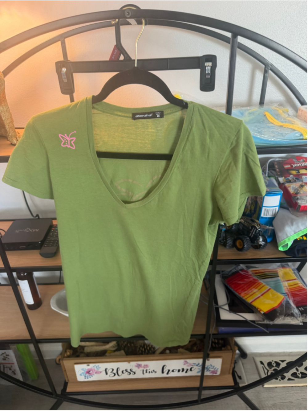 Women's Alternative Green Short Sleeve Tee with Pink Butterfly, Size M
